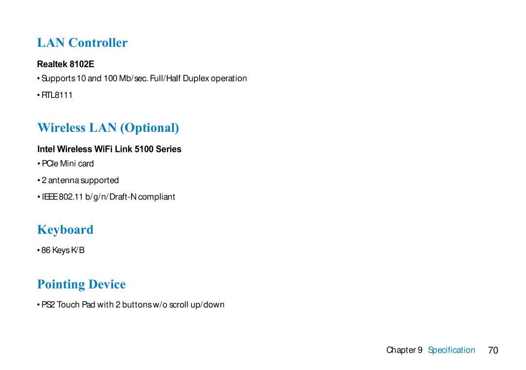 AVERATEC N3400 manual LAN Controller, Wireless LAN Optional, Keyboard, Pointing Device 