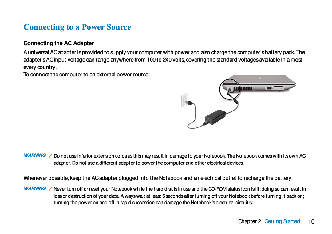 AVERATEC N3400 manual Connecting to a Power Source, Connecting the AC Adapter, Getting Started 