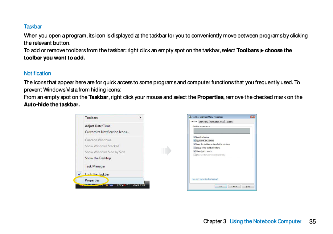 AVERATEC N3400 manual Taskbar, toolbar you want to add, Notification, Auto-hide the taskbar, Using the Notebook Computer 