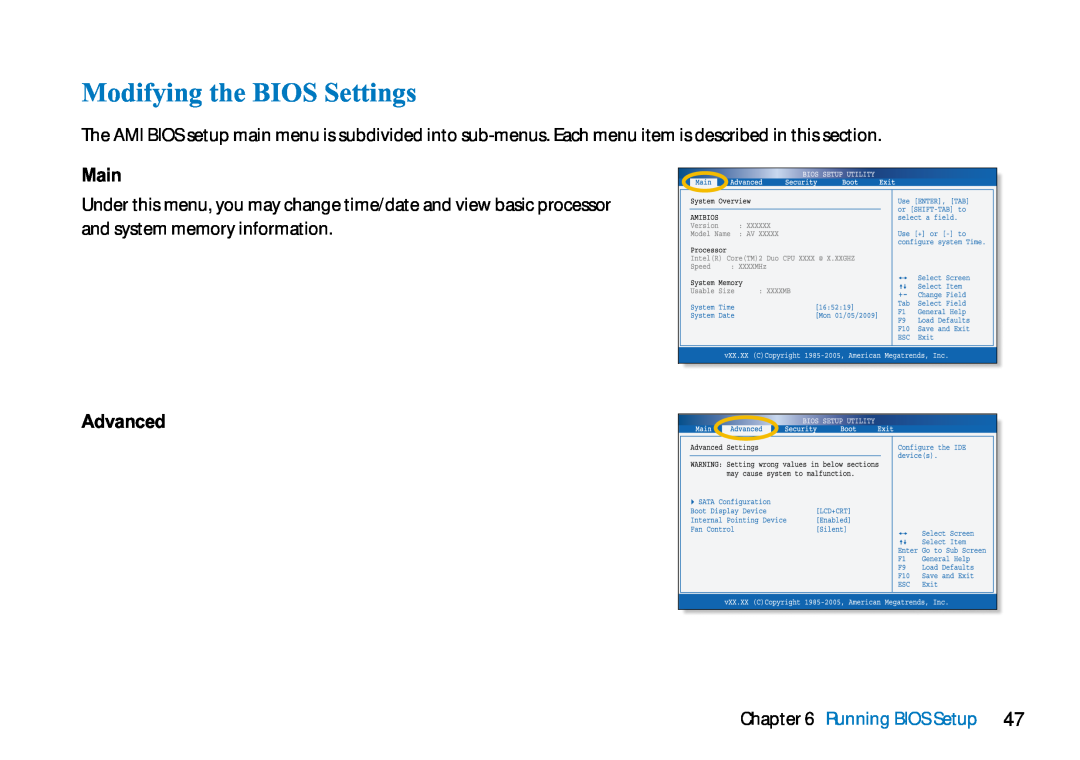 AVERATEC N3400 manual Modifying the BIOS Settings, Main, Advanced, Running BIOS Setup 