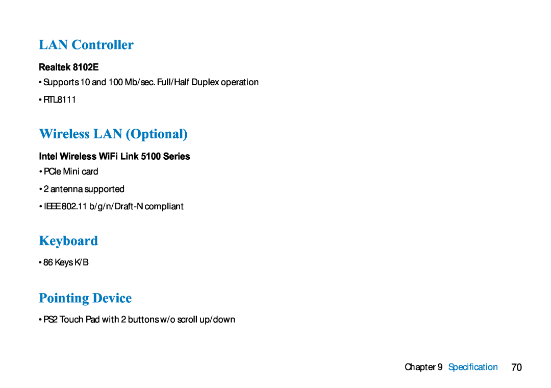 AVERATEC N3400 manual LAN Controller, Wireless LAN Optional, Keyboard, Pointing Device, Realtek 8102E, Specification 