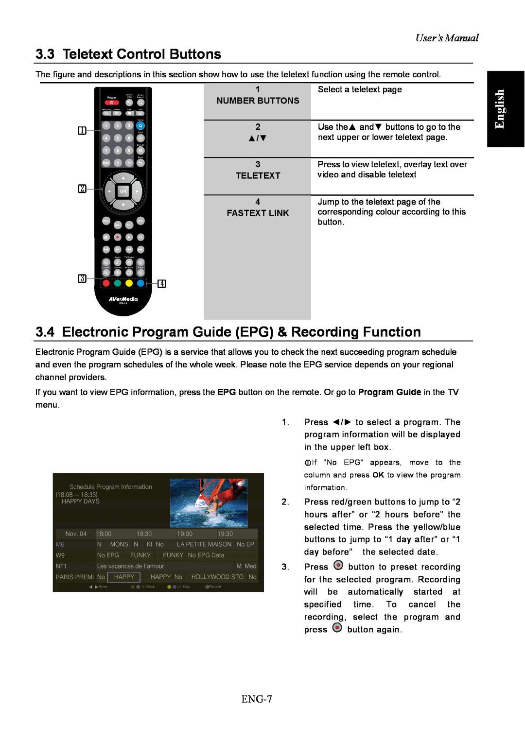 AVerMedia Technologies A211 user manual English, ENG-7, Teletext Control Buttons, User’s Manual, Number Buttons 