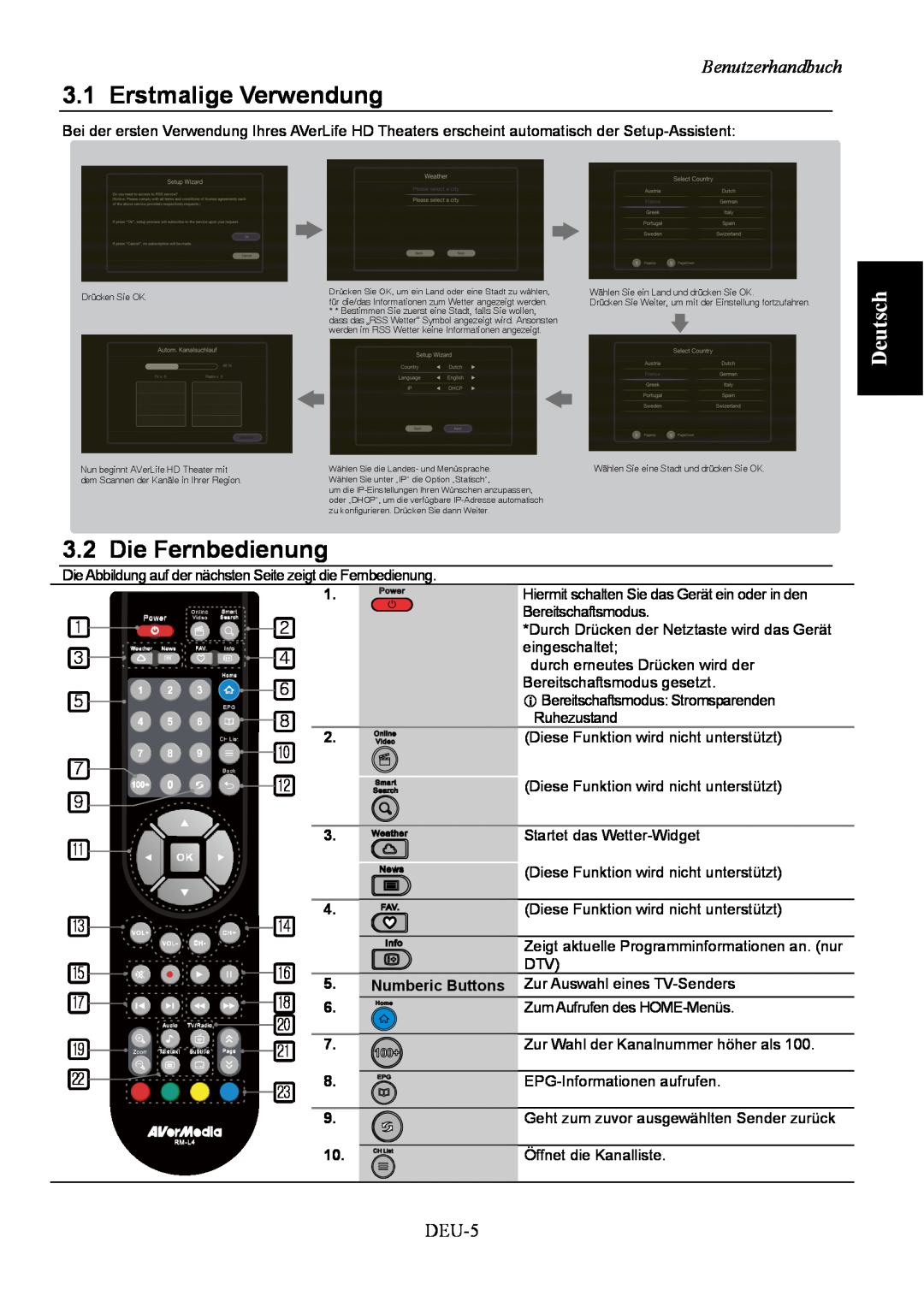 AVerMedia Technologies A211 Erstmalige Verwendung, Die Fernbedienung, Deutsch, Benutzerhandbuch, 10 7 12 9, DEU-5 