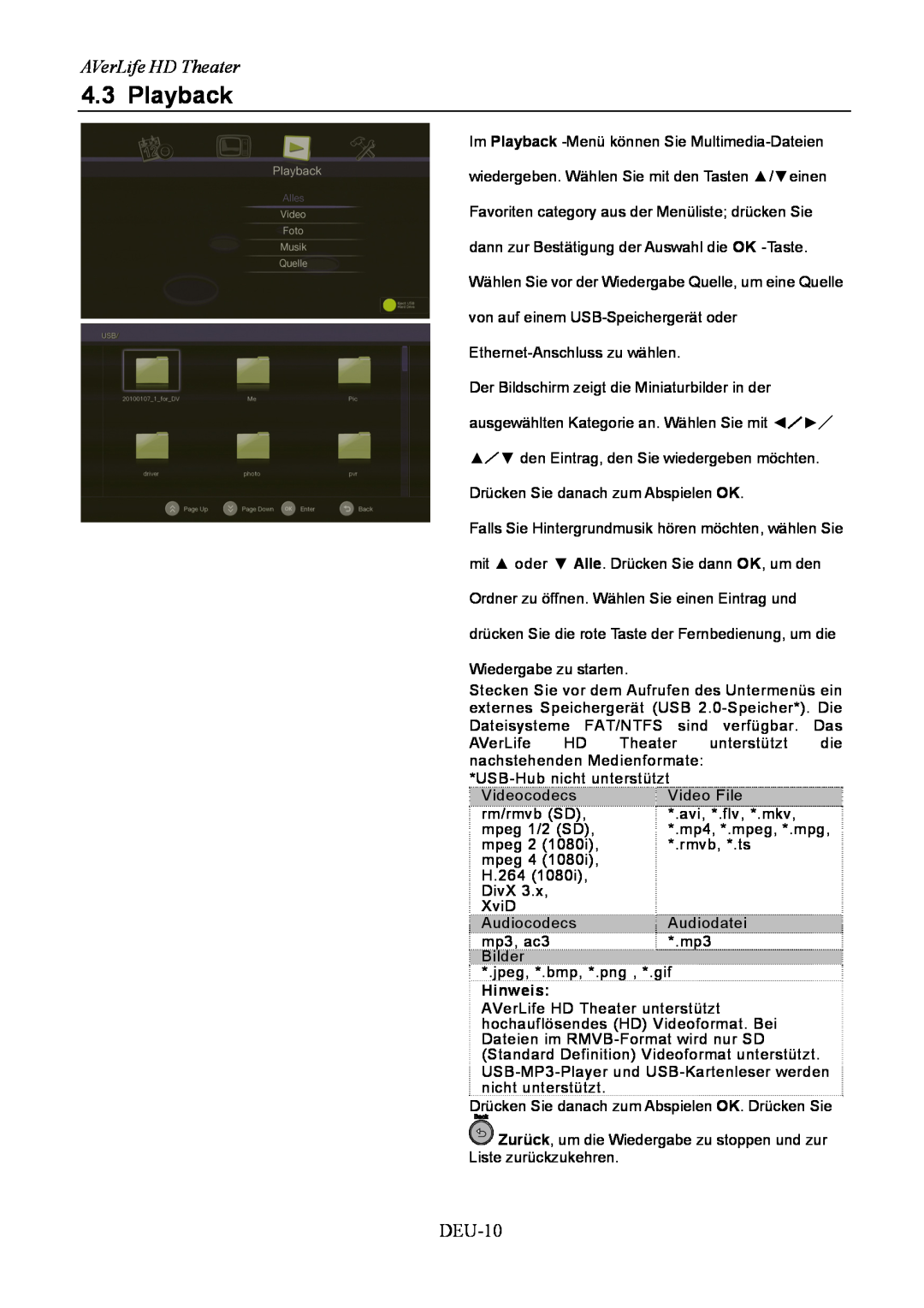 AVerMedia Technologies A211 user manual Playback, AVerLife HD Theater, DEU-10 