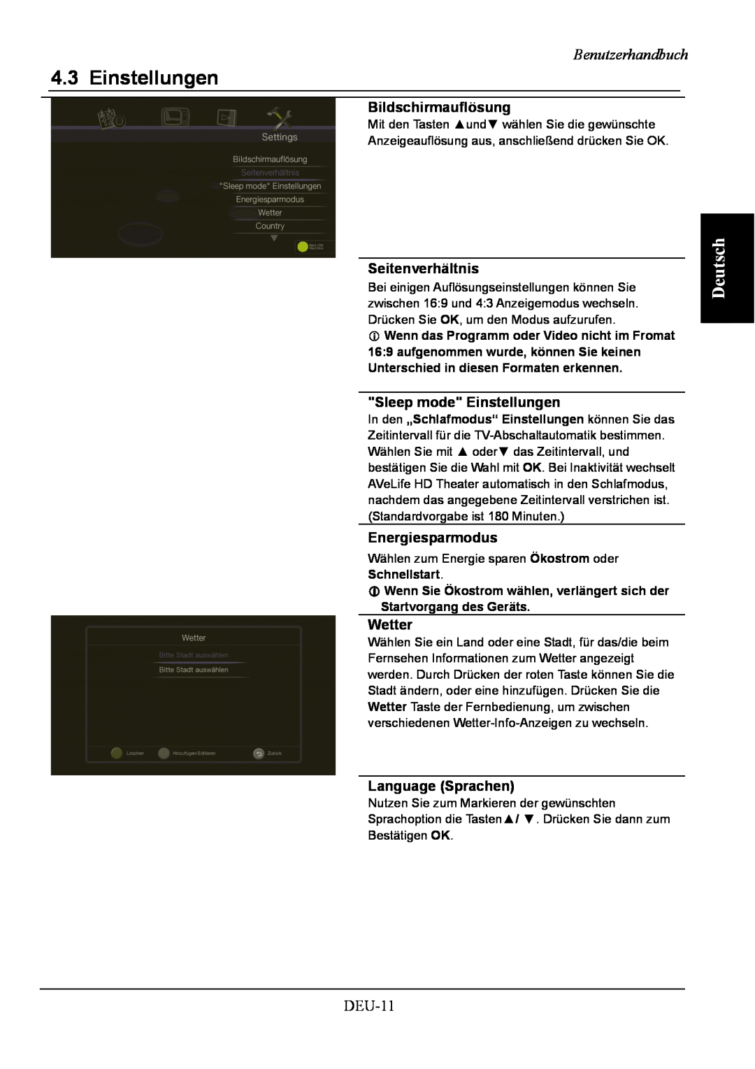AVerMedia Technologies A211 Deutsch, Benutzerhandbuch, Bildschirmauflösung, Seitenverhältnis, Sleep mode Einstellungen 