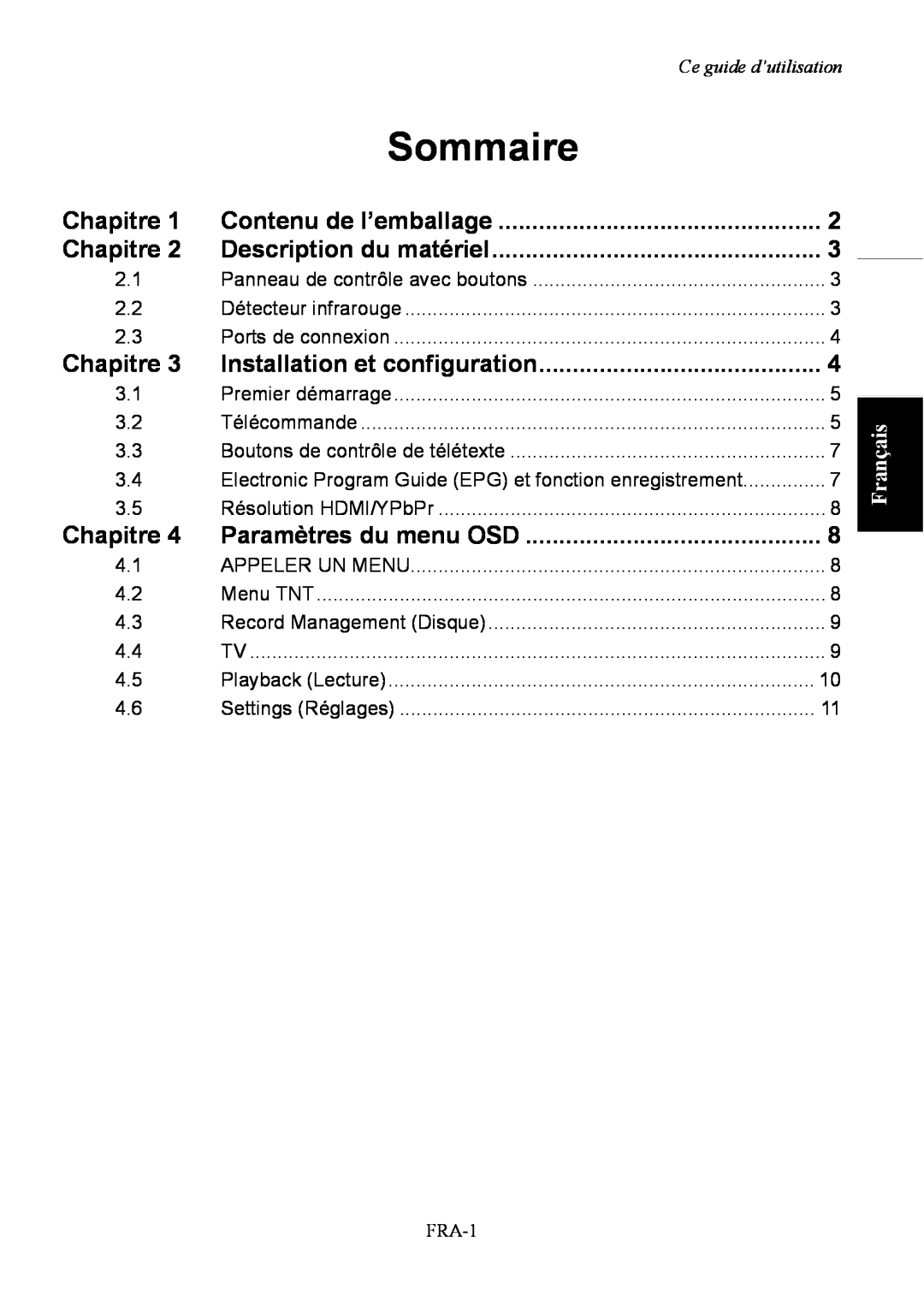 AVerMedia Technologies A211 user manual Sommaire, Chapitre, Contenu de l’emballage, Paramètres du menu OSD, Français 