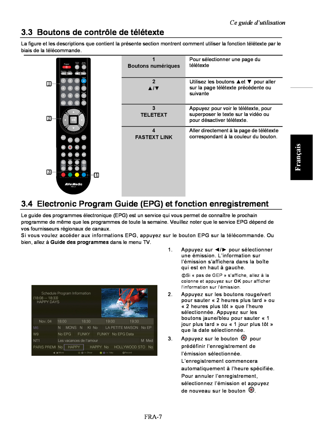 AVerMedia Technologies A211 user manual Boutons de contrôle de télétexte, Français, Ce guide d’utilisation, FRA-7 