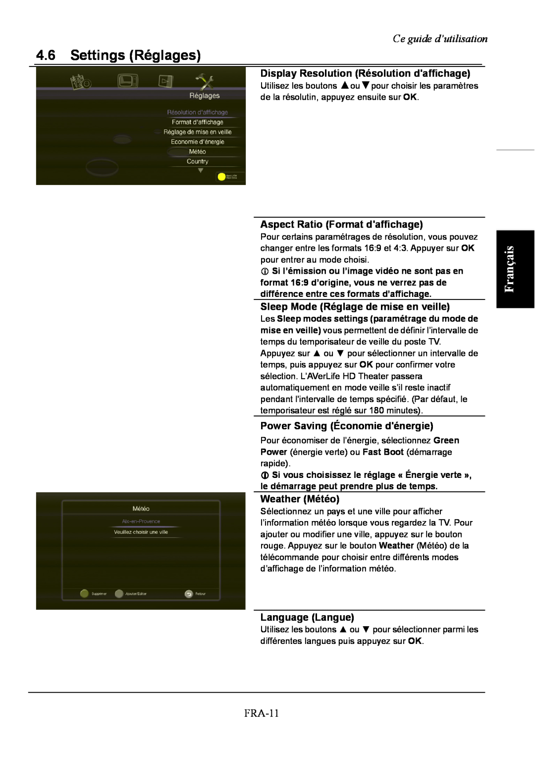 AVerMedia Technologies A211 Français, Ce guide d’utilisation, Display Resolution Résolution daffichage, Weather Météo 