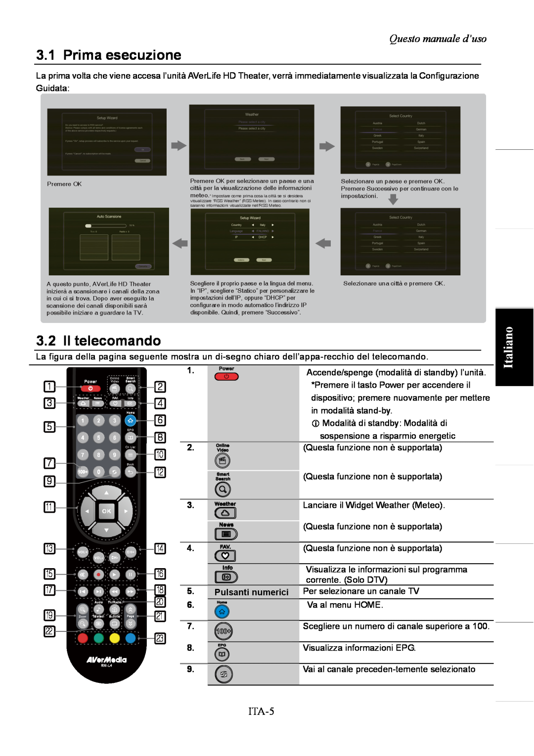 AVerMedia Technologies A211 user manual Prima esecuzione, Il telecomando, Italiano, Questo manuale d’uso, ITA-5 