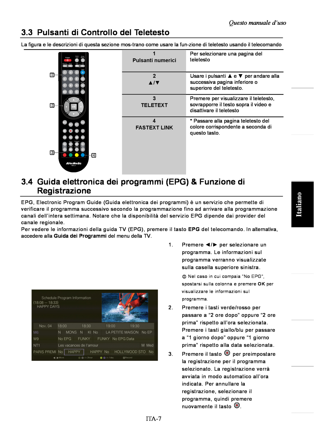 AVerMedia Technologies A211 user manual Pulsanti di Controllo del Teletesto, Italiano, Questo manuale d’uso, ITA-7 