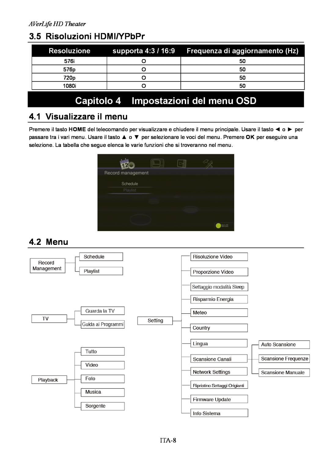 AVerMedia Technologies A211 Capitolo 4 Impostazioni del menu OSD, Resoluzione, supporta 4:3 / 16:9, AVerLife HD Theater 