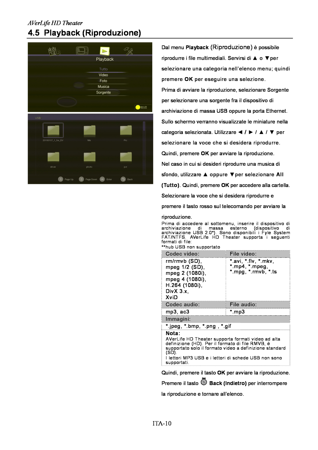 AVerMedia Technologies A211 user manual Playback Riproduzione, AVerLife HD Theater, ITA-10 