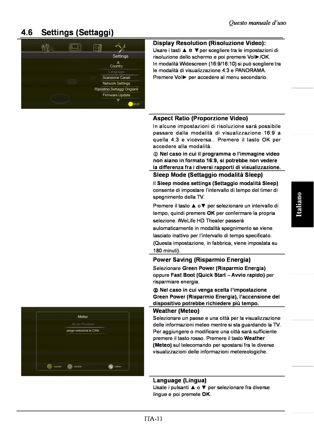 AVerMedia Technologies A211 Italiano, Questo manuale d’uso, Display Resolution Risoluzione Video, Weather Meteo, ITA-11 
