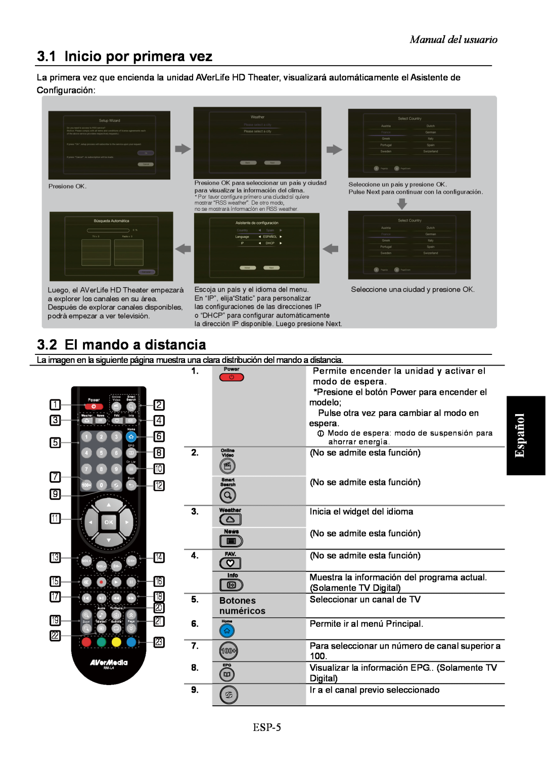 AVerMedia Technologies A211 user manual Inicio por primera vez, El mando a distancia, Español, Manual del usuario, ESP-5 