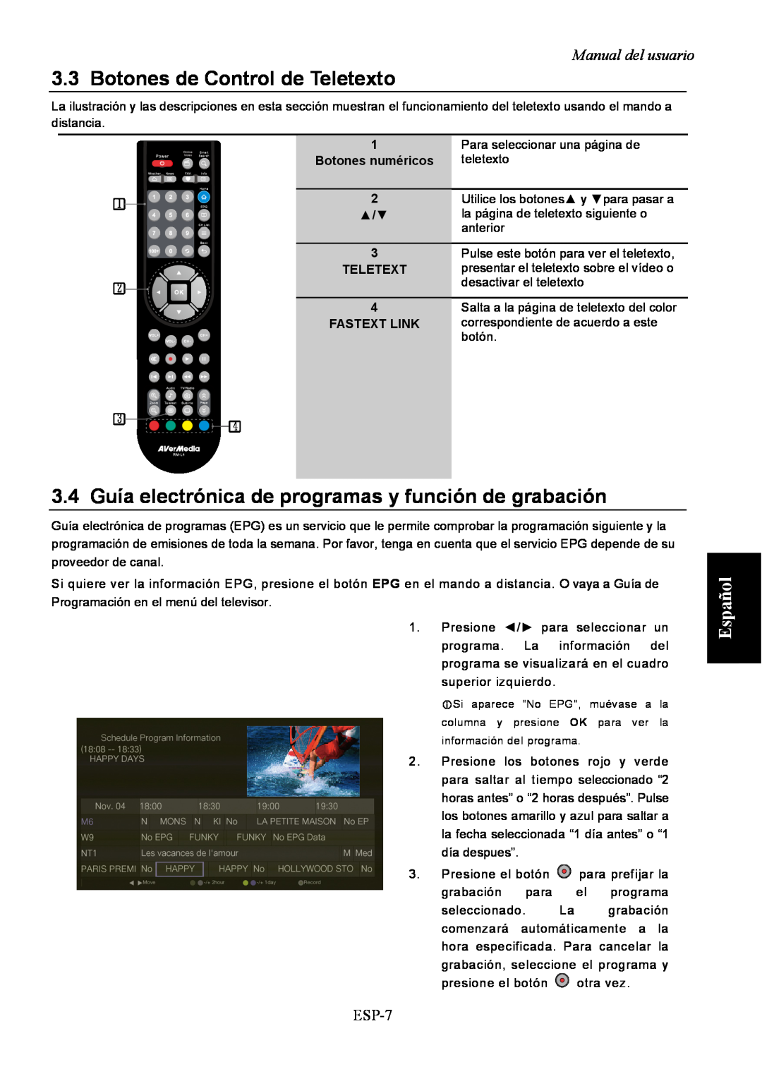 AVerMedia Technologies A211 user manual Botones de Control de Teletexto, Español, Manual del usuario, ESP-7 