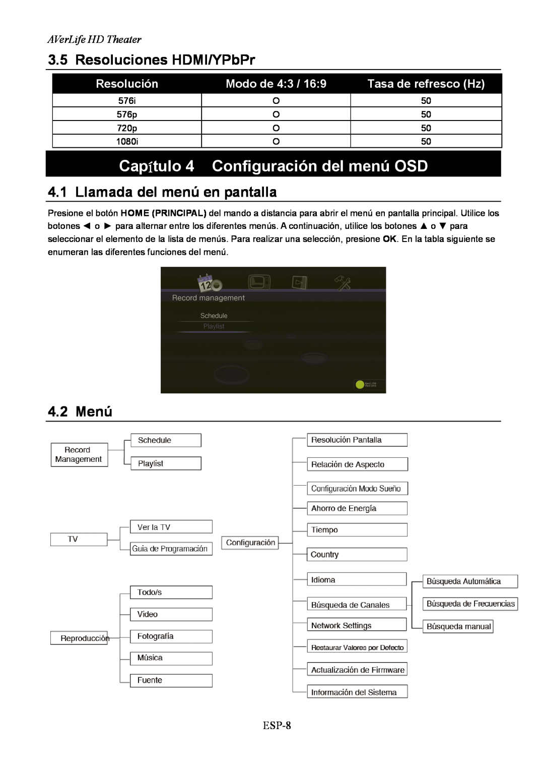 AVerMedia Technologies A211 Capítulo 4 Configuración del menú OSD, Resolución, Modo de 4 3, Tasa de refresco Hz, ESP-8 