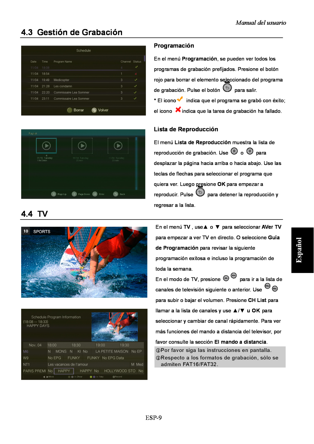 AVerMedia Technologies A211 user manual Español, Manual del usuario, Programación, Lista de Reproducción, ESP-9 