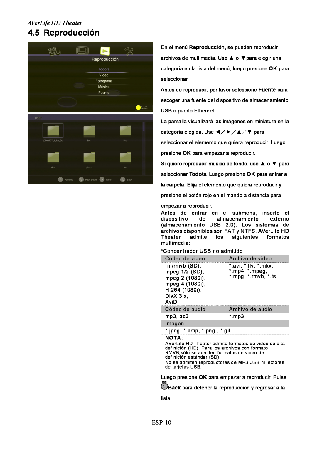 AVerMedia Technologies A211 user manual Reproducción, AVerLife HD Theater, ESP-10 