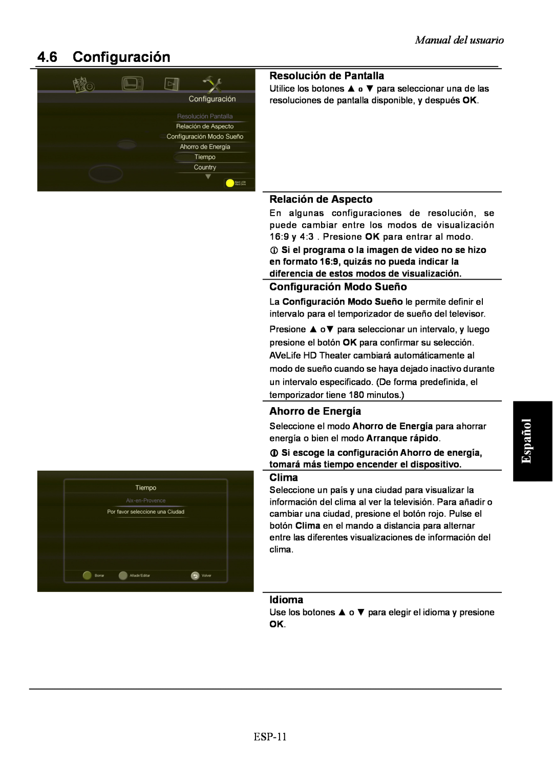 AVerMedia Technologies A211 Español, Manual del usuario, Resolución de Pantalla, Relación de Aspecto, Ahorro de Energía 