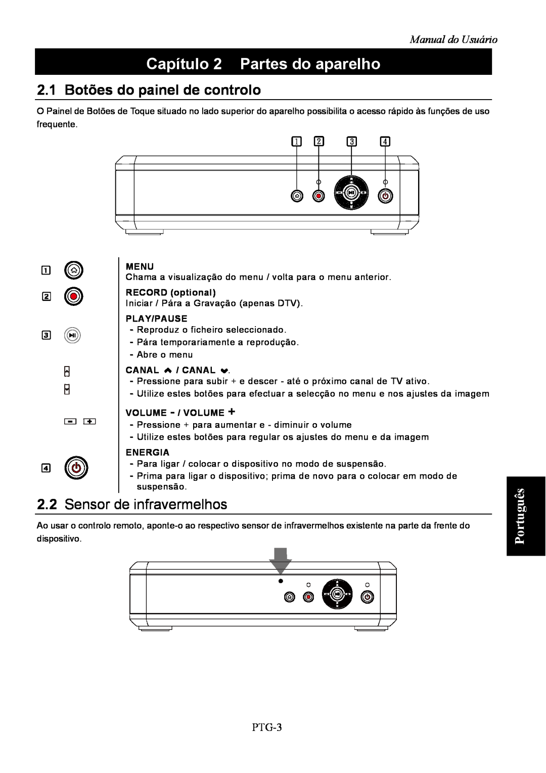 AVerMedia Technologies A211 Capítulo 2 Partes do aparelho, 2.2Sensor de infravermelhos, Português, Manual do Usuário 