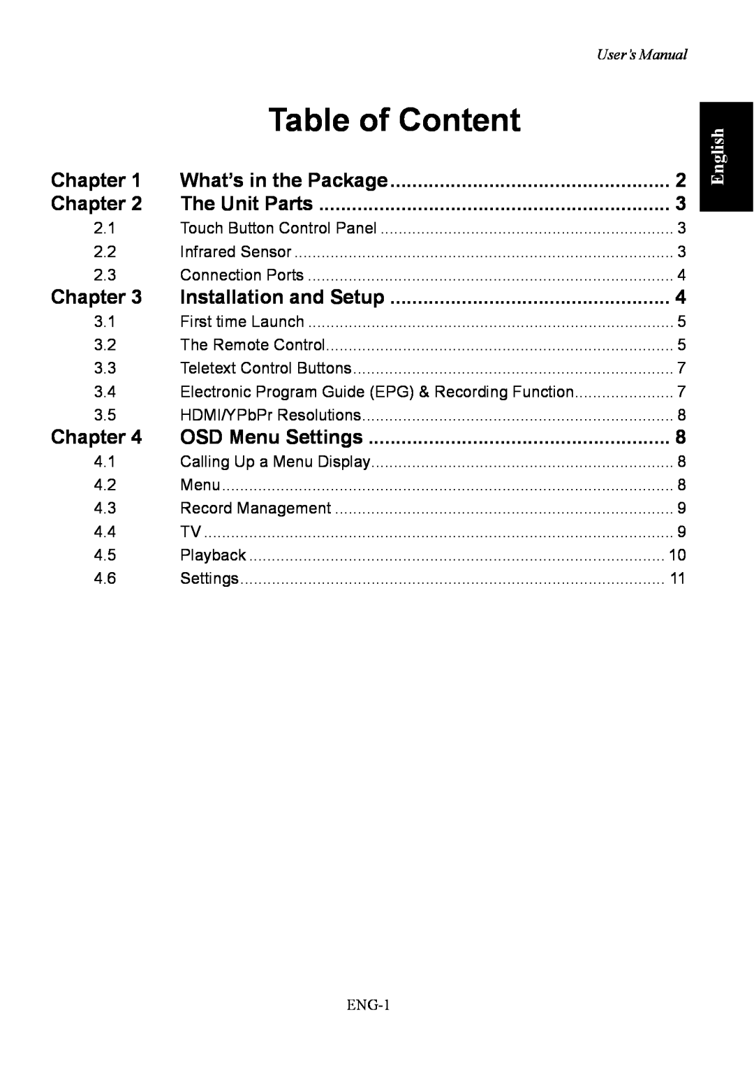 AVerMedia Technologies A211 user manual Table of Content, OSD Menu Settings, Chapter, English 