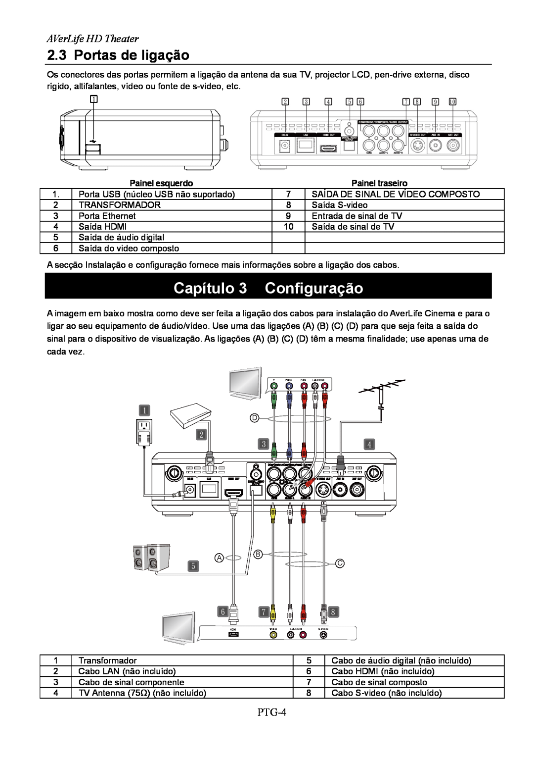 AVerMedia Technologies A211 user manual Capítulo 3 Configuração, Portas de ligação, AVerLife HD Theater, PTG-4 