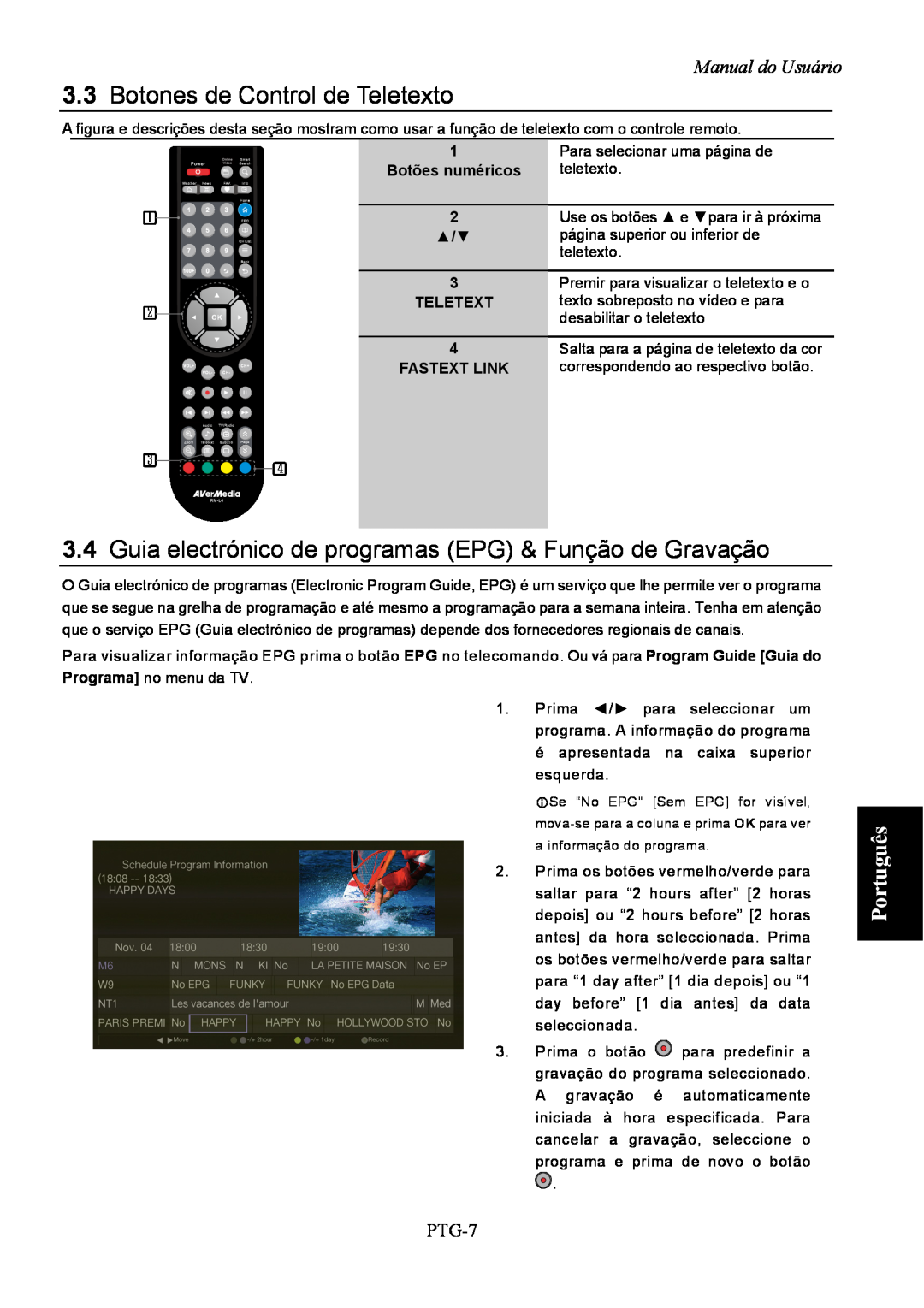 AVerMedia Technologies A211 user manual 3.3Botones de Control de Teletexto, Português, Manual do Usuário, PTG-7 