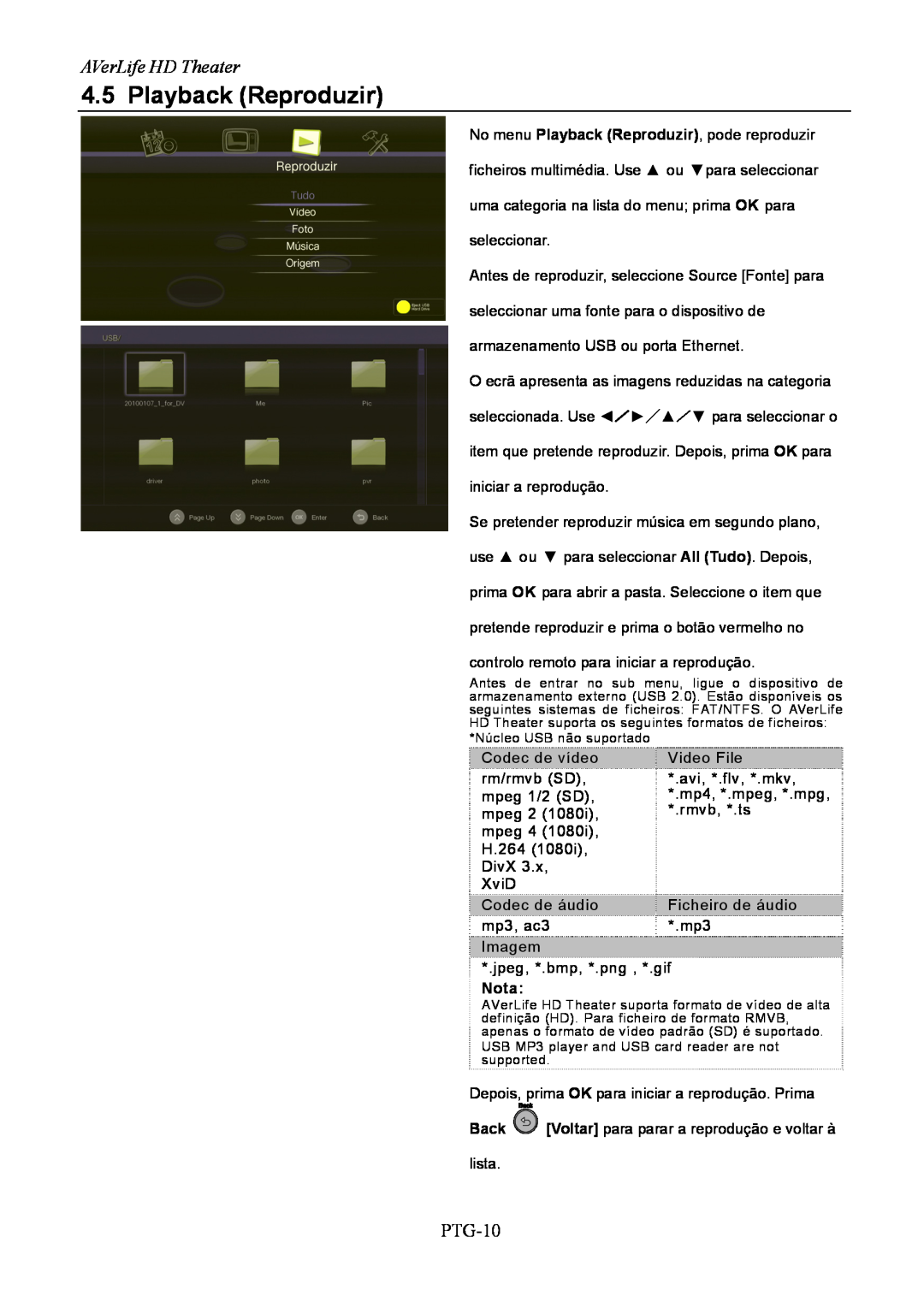 AVerMedia Technologies A211 user manual Playback Reproduzir, AVerLife HD Theater, PTG-10 
