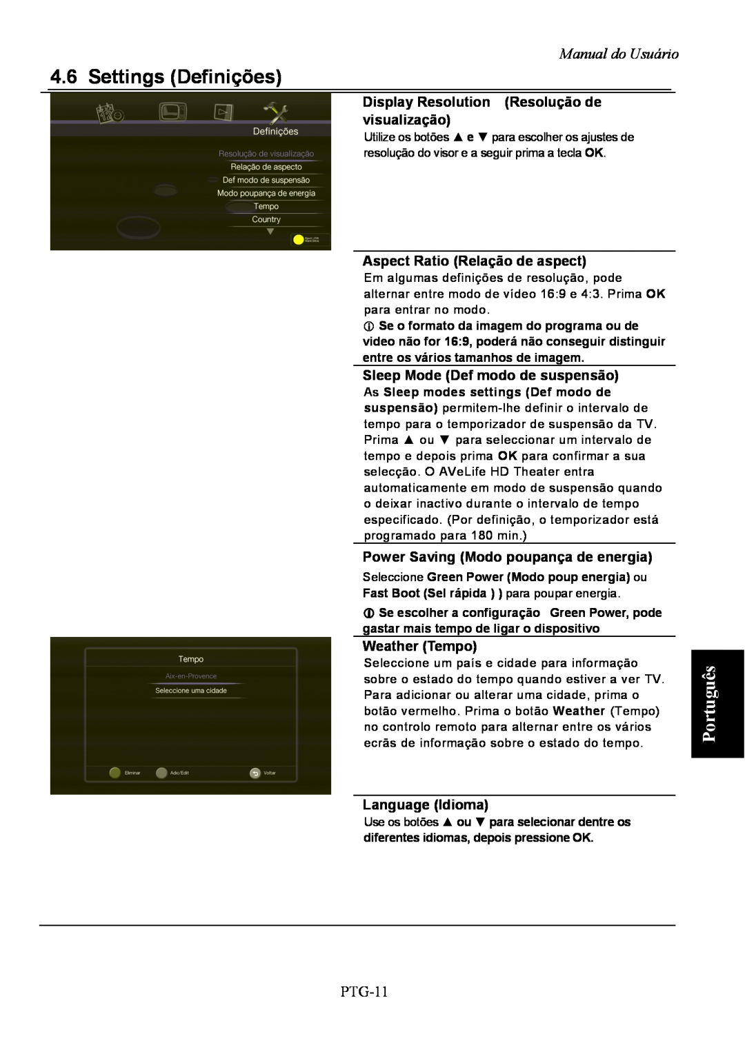 AVerMedia Technologies A211 Português, Manual do Usuário, Display Resolution Resolução de visualização, Weather Tempo 