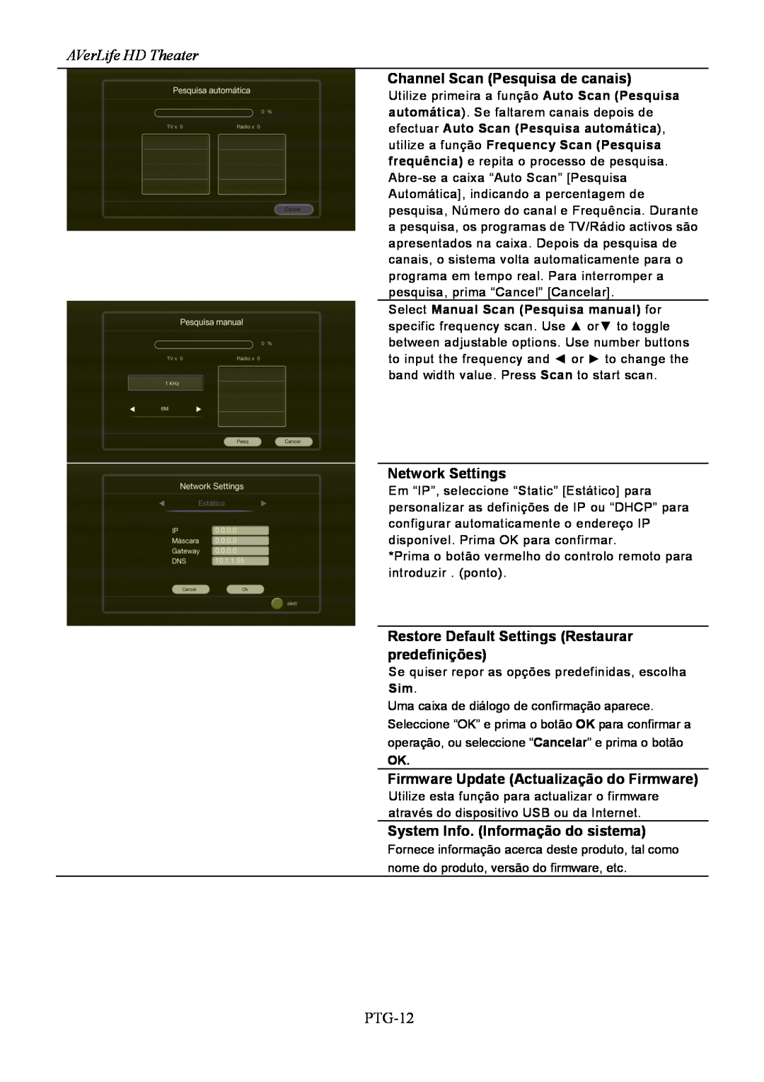 AVerMedia Technologies A211 user manual AVerLife HD Theater, Channel Scan Pesquisa de canais, Network Settings, PTG-12 