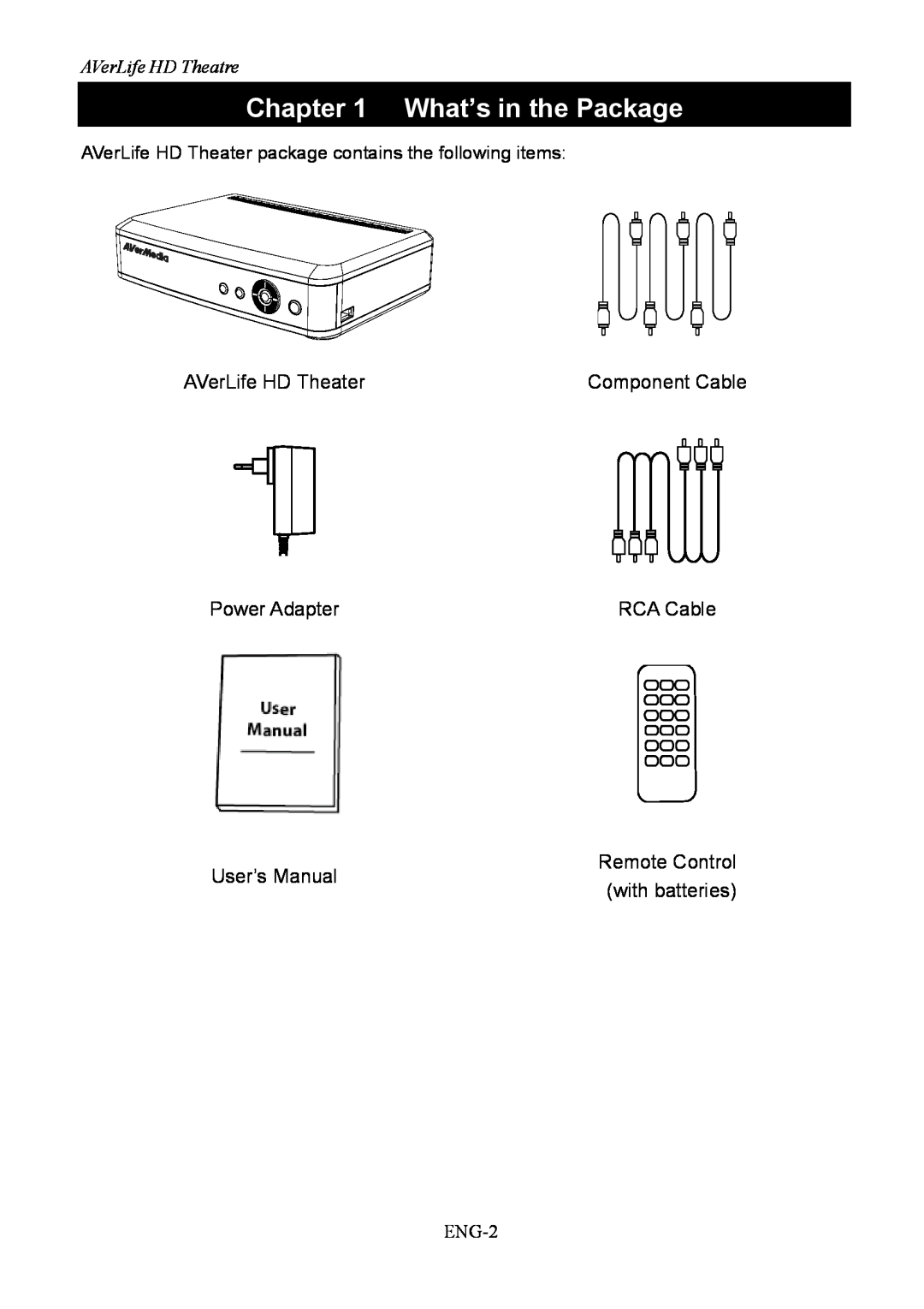 AVerMedia Technologies A211 user manual What’s in the Package, AVerLife HD Theatre, Component Cable, RCA Cable, ENG-2 