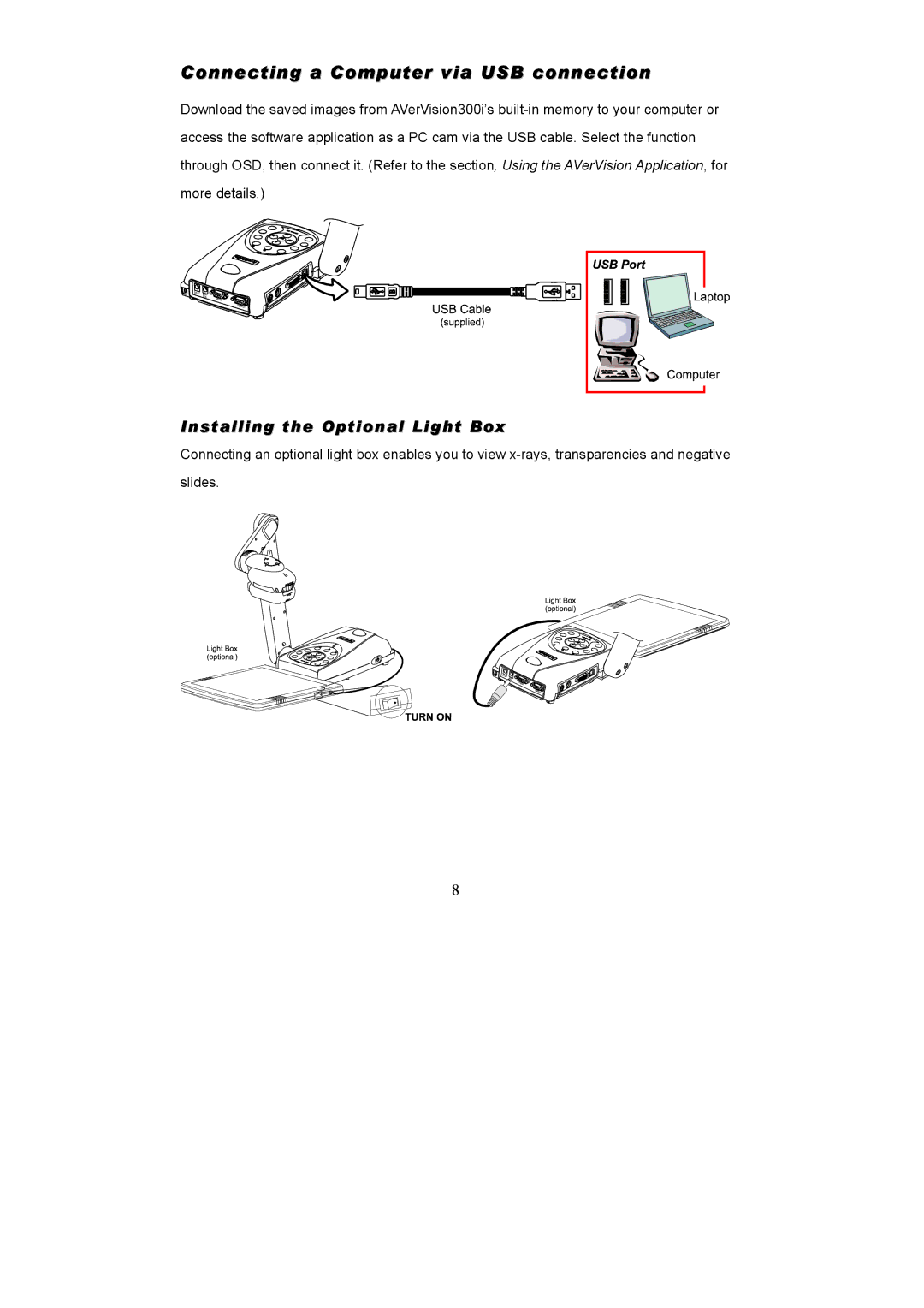 AVerMedia Technologies AVerVision300i Connecting a Computer via USB connection, Installing the Optional Light Box 