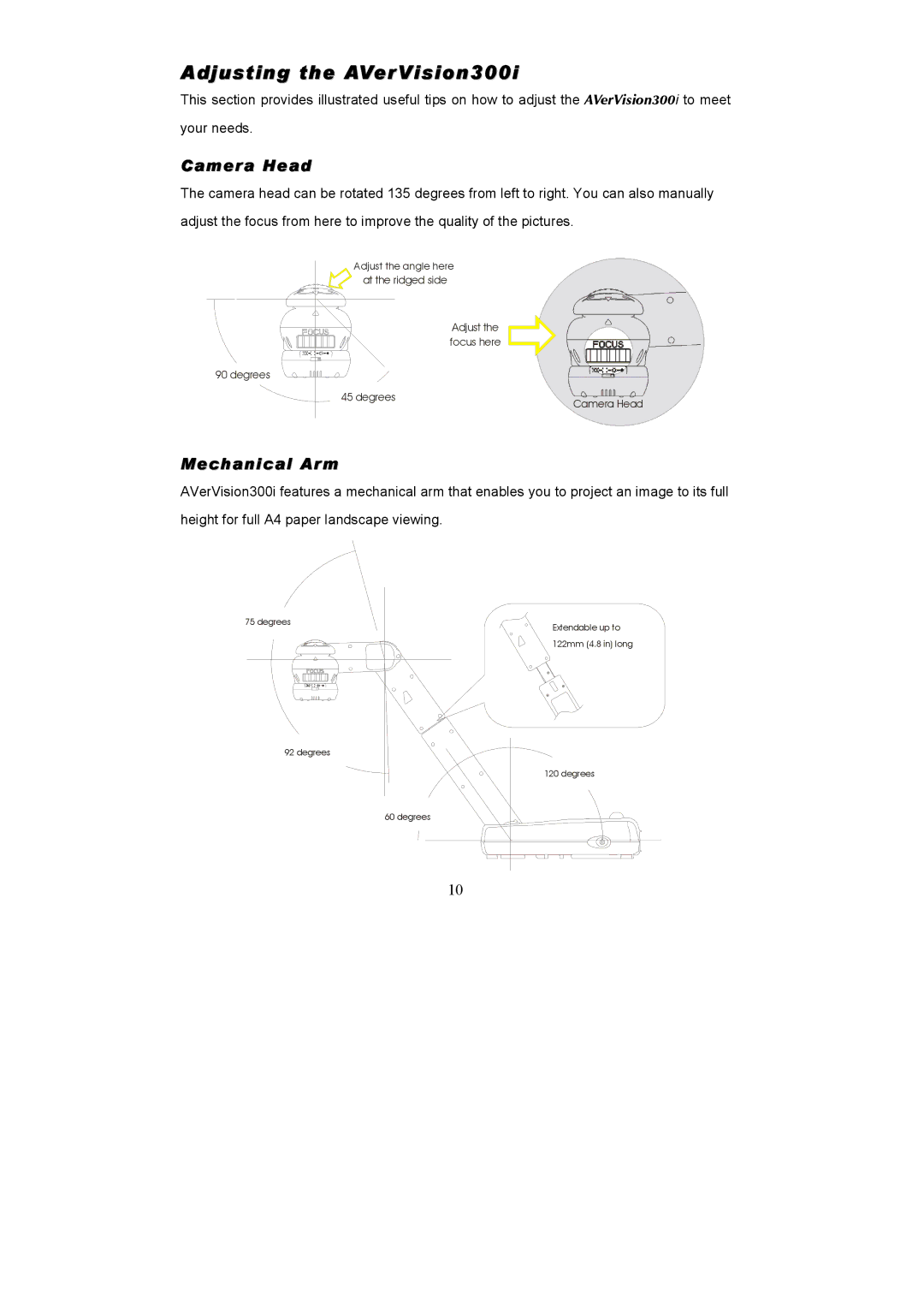 AVerMedia Technologies user manual Adjusting the AVerVision300i, Camera Head, Mechanical Arm 