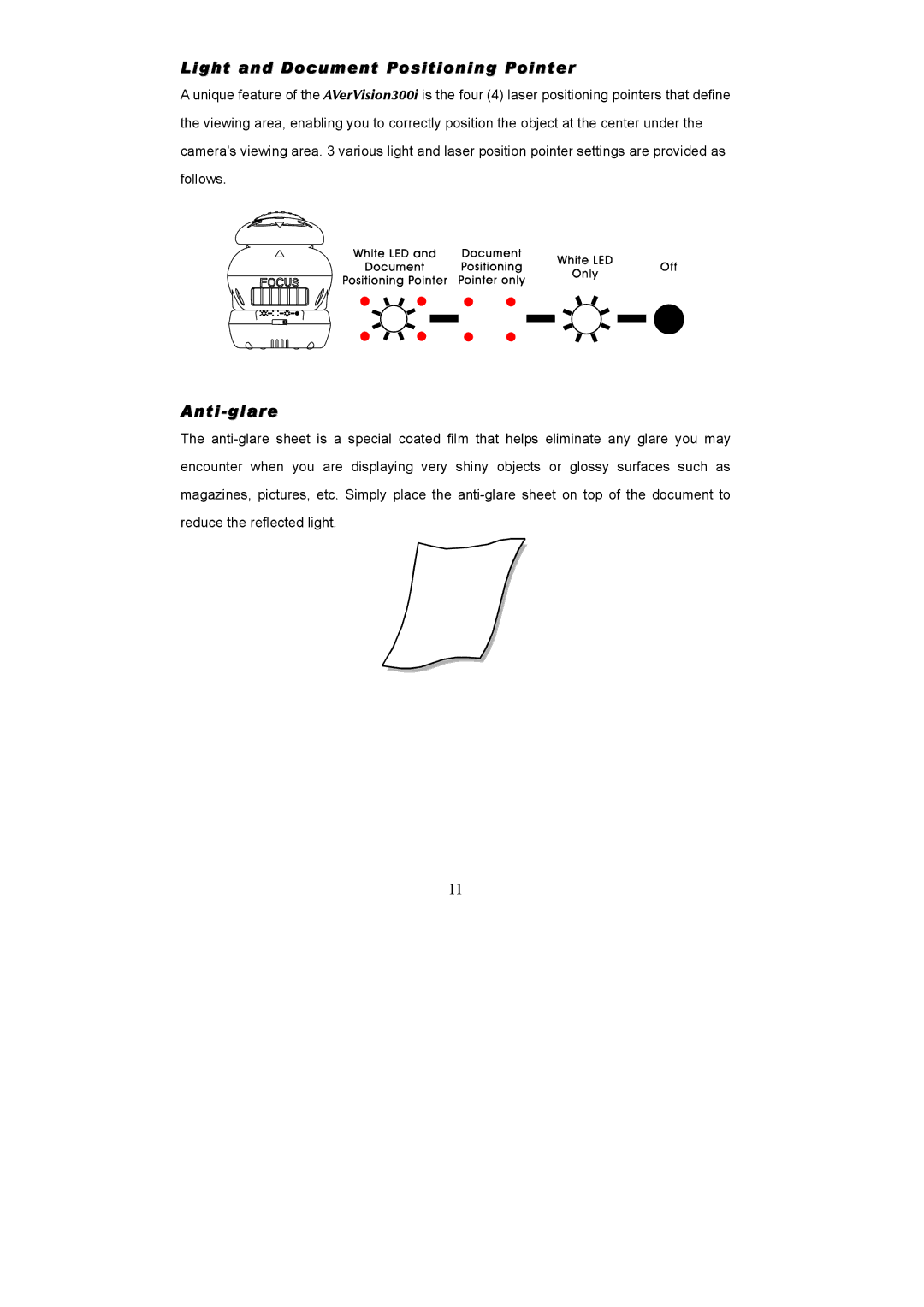 AVerMedia Technologies AVerVision300i user manual Light and Document Positioning Pointer, Anti-glare 