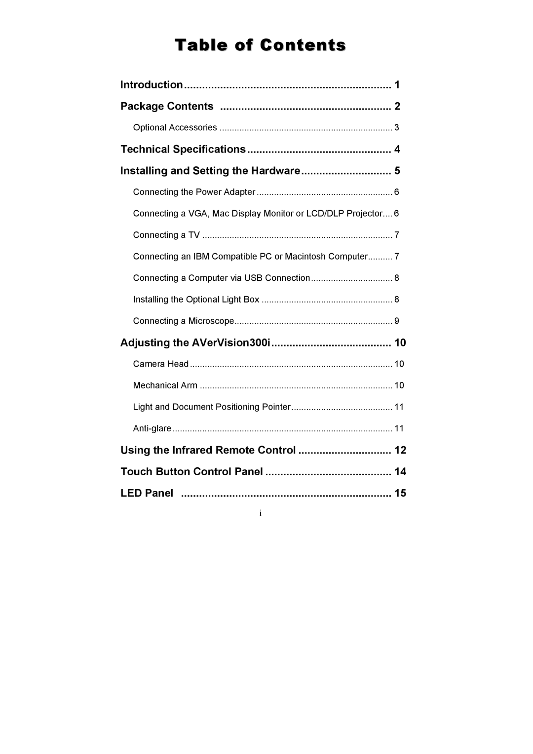 AVerMedia Technologies AVerVision300i user manual Table of Contents 