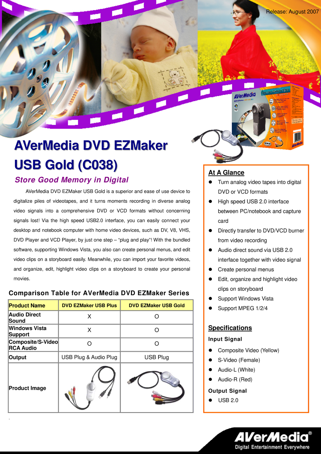 AVerMedia Technologies specifications AVerMedia DVD EZMaker USB Gold C038, Store Good Memory in Digital, At a Glance 