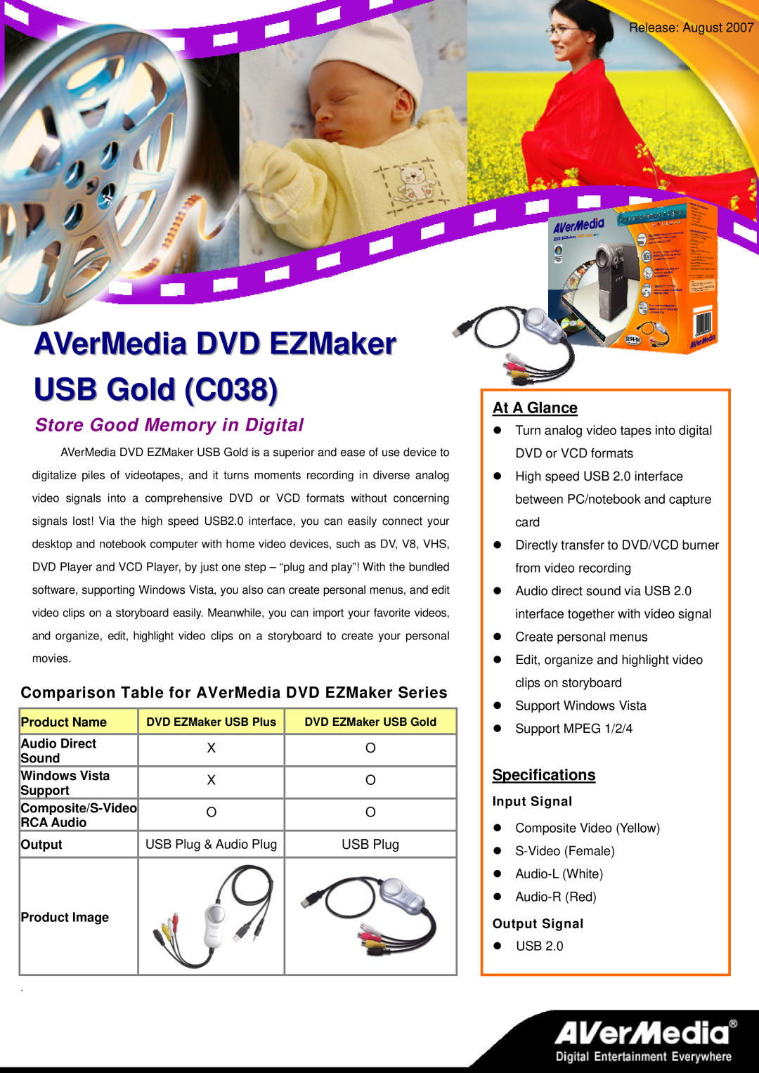 AVerMedia Technologies C038 specifications Comparison Table for AVerMedia DVD EZMaker Series, At A Glance, Specifications 