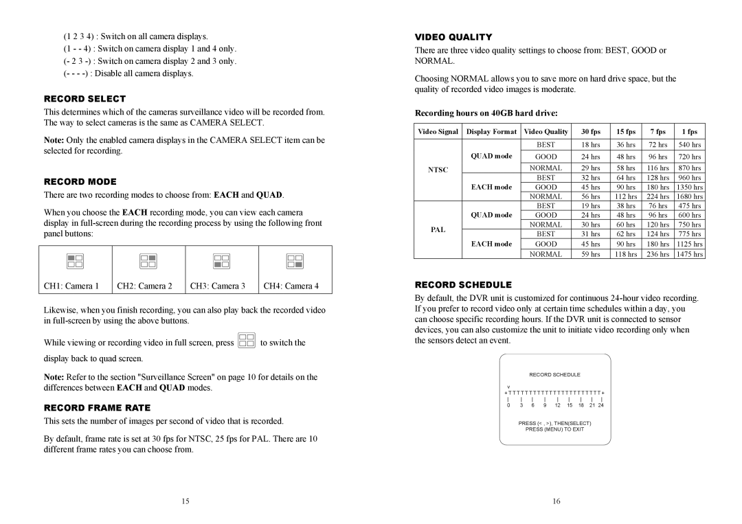 AVerMedia Technologies EB1004 BAK manual Record Select, Record Mode, Record Frame Rate, Video Quality, Record Schedule 