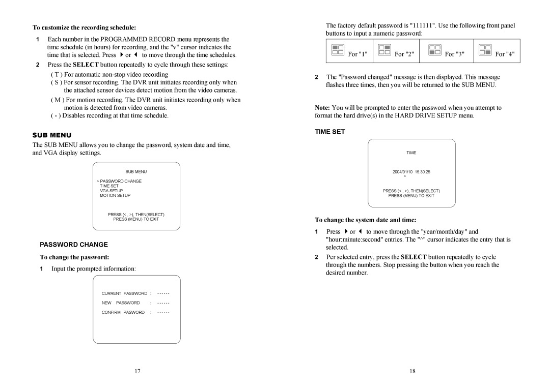 AVerMedia Technologies EB1004 BAK manual SUB Menu, Password Change, Time SET 