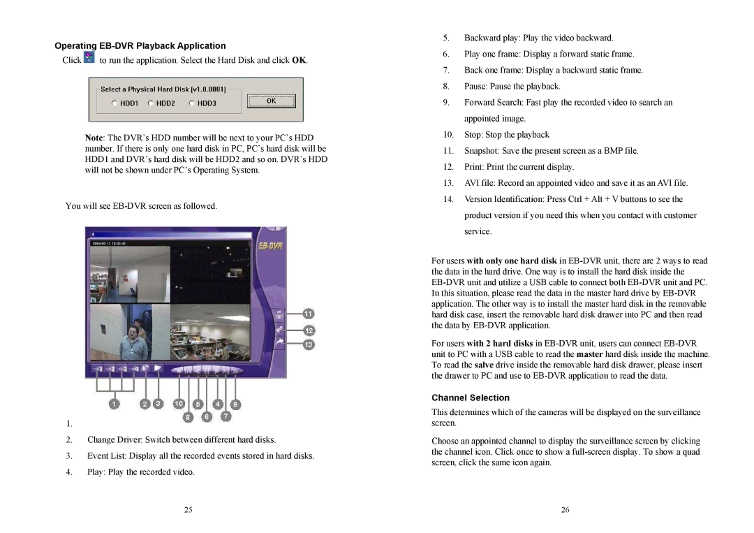 AVerMedia Technologies EB1004 BAK manual Operating EB-DVR Playback Application, Channel Selection 