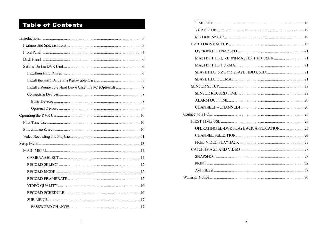 AVerMedia Technologies EB1004 BAK manual Table of Contents 