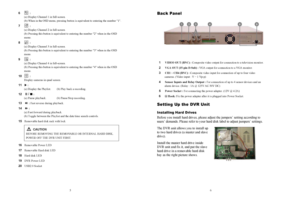 AVerMedia Technologies EB1004 BAK manual Back Panel, Setting Up the DVR Unit, Installing Hard Drives 
