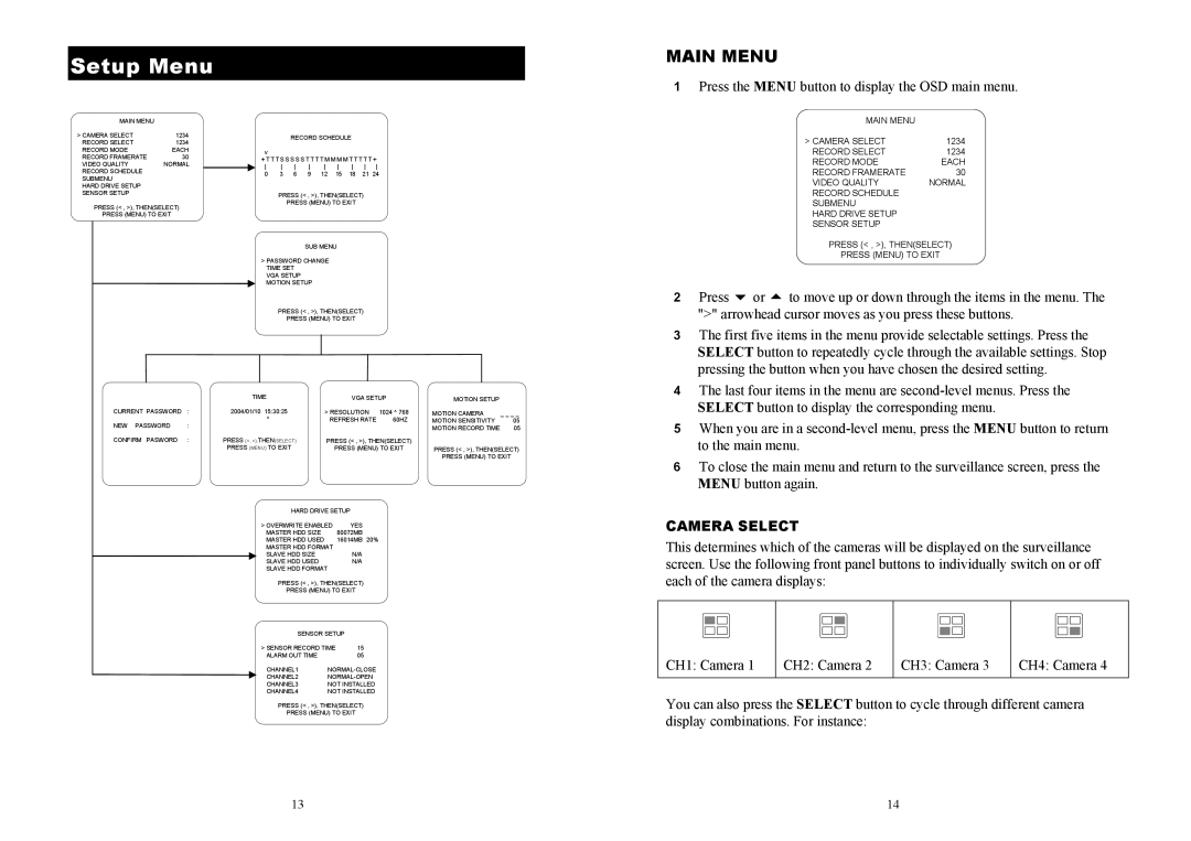 AVerMedia Technologies EB1004 BAK manual Setup Menu, Camera Select 