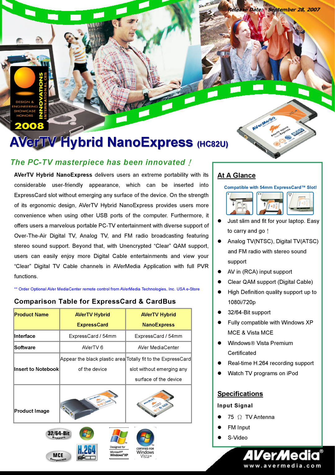 AVerMedia Technologies specifications AVerTV Hybrid NanoExpress HC82U, Comparison Table for ExpressCard & CardBus 