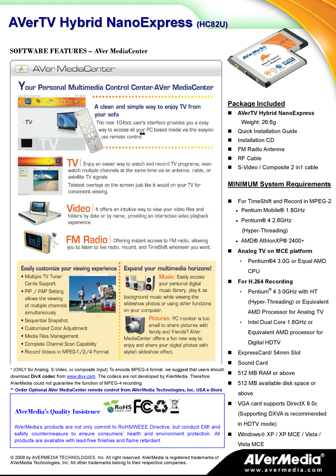 AVerMedia Technologies specifications Package Included, MINIMUM System Requirements, AVerTV Hybrid NanoExpress HC82U 