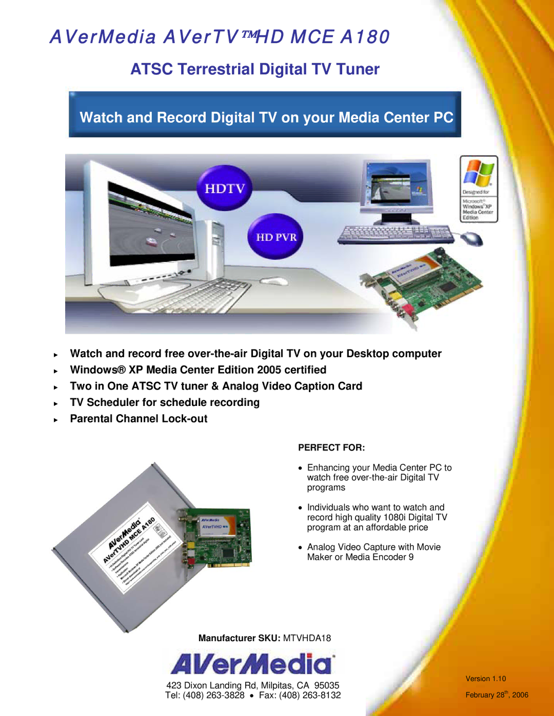 AVerMedia Technologies manual AVerMedia AVerTVHD MCE A180, Manufacturer SKU MTVHDA18 