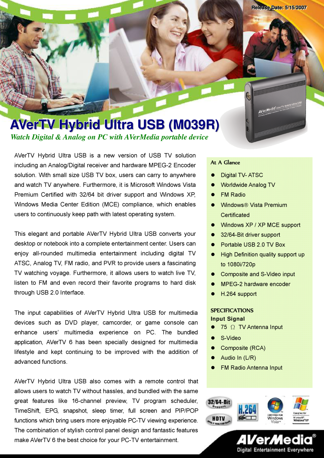 AVerMedia Technologies specifications At A Glance, Specifications, AVerTV Hybrid Ultra USB M039R 