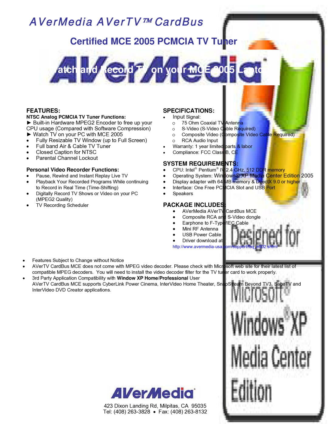 AVerMedia Technologies MCE 2005 AVerMedia AVerTV CardBus, Features Specifications, System Requirements, Package Includes 