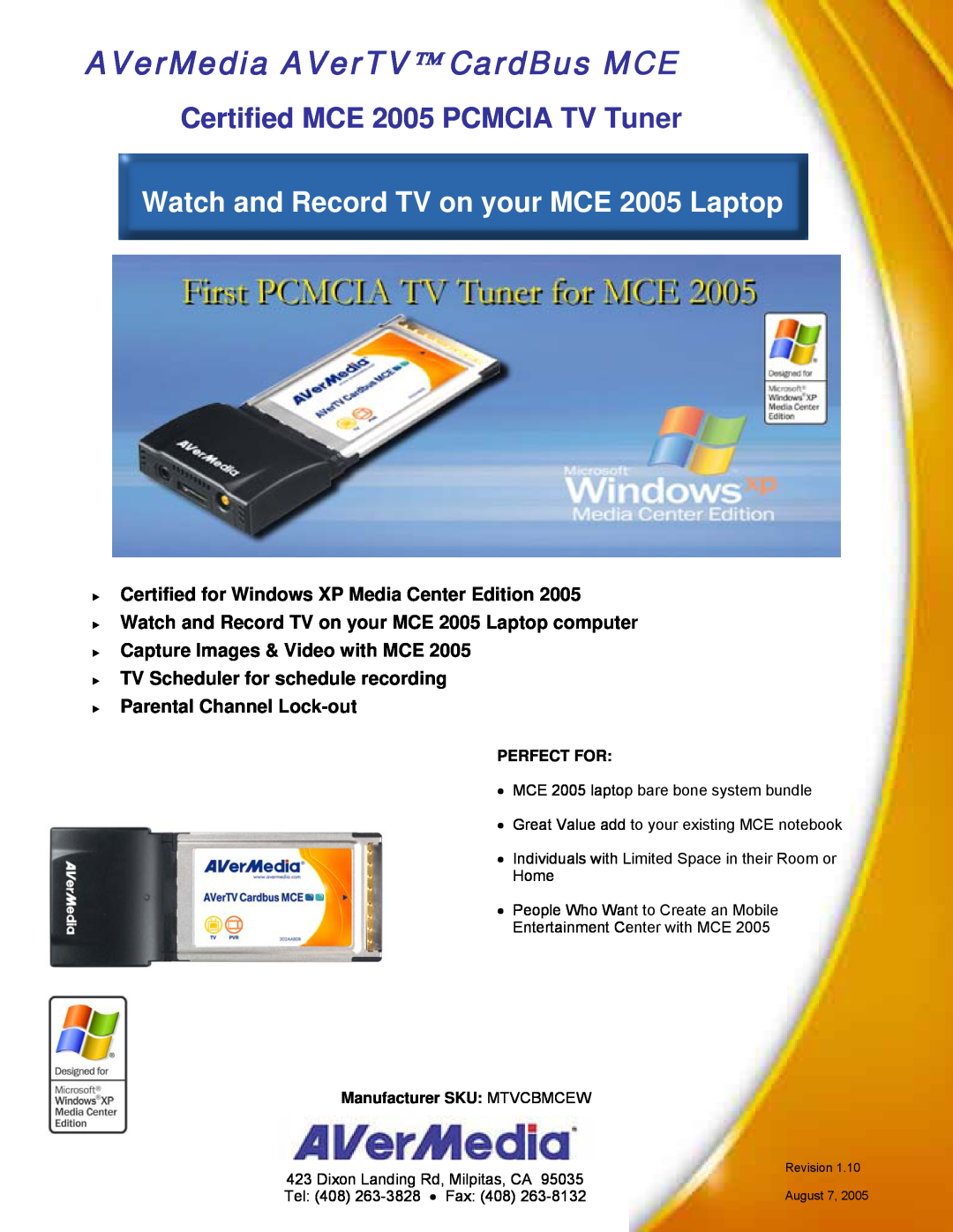 AVerMedia Technologies manual AVerMedia AVerTV CardBus MCE, Watch and Record TV on your MCE 2005 Laptop 