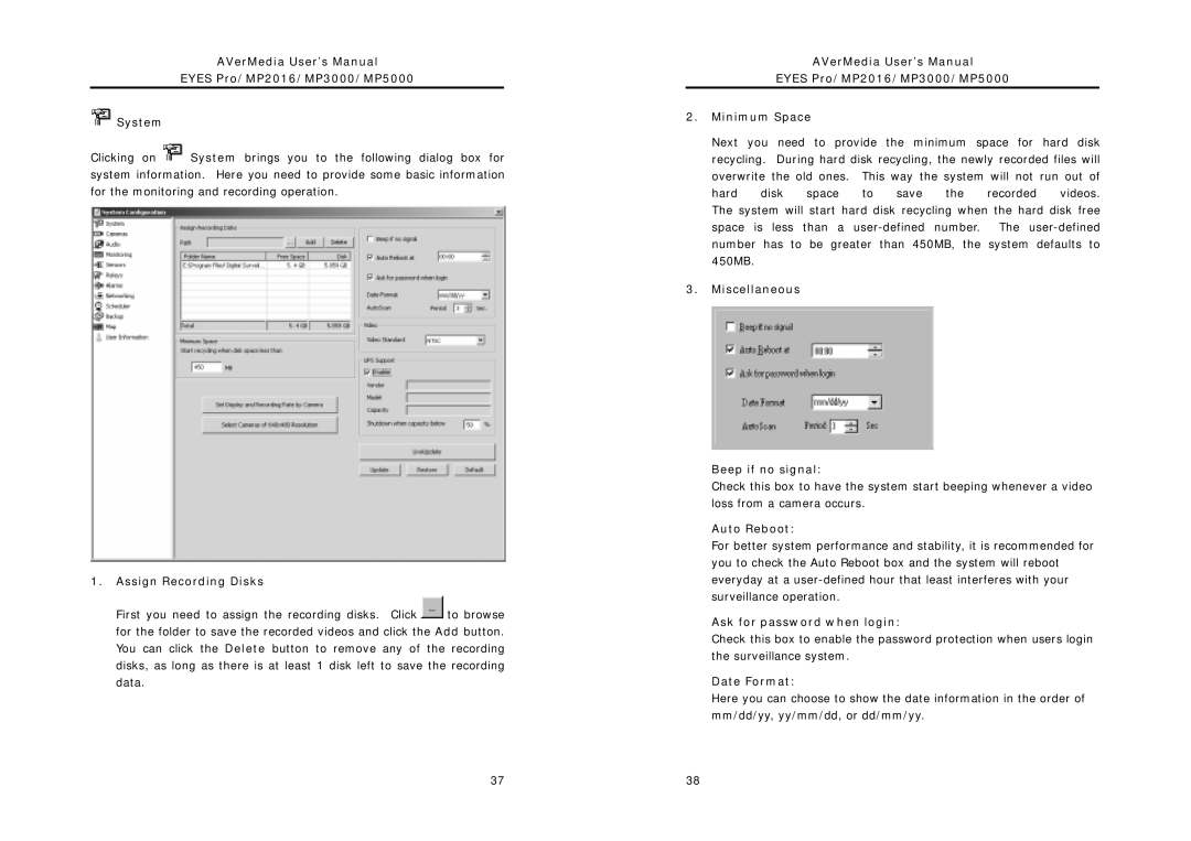 AVerMedia Technologies MP3000, MP2016 Assign Recording Disks, Miscellaneous Beep if no signal, Auto Reboot, Date Format 